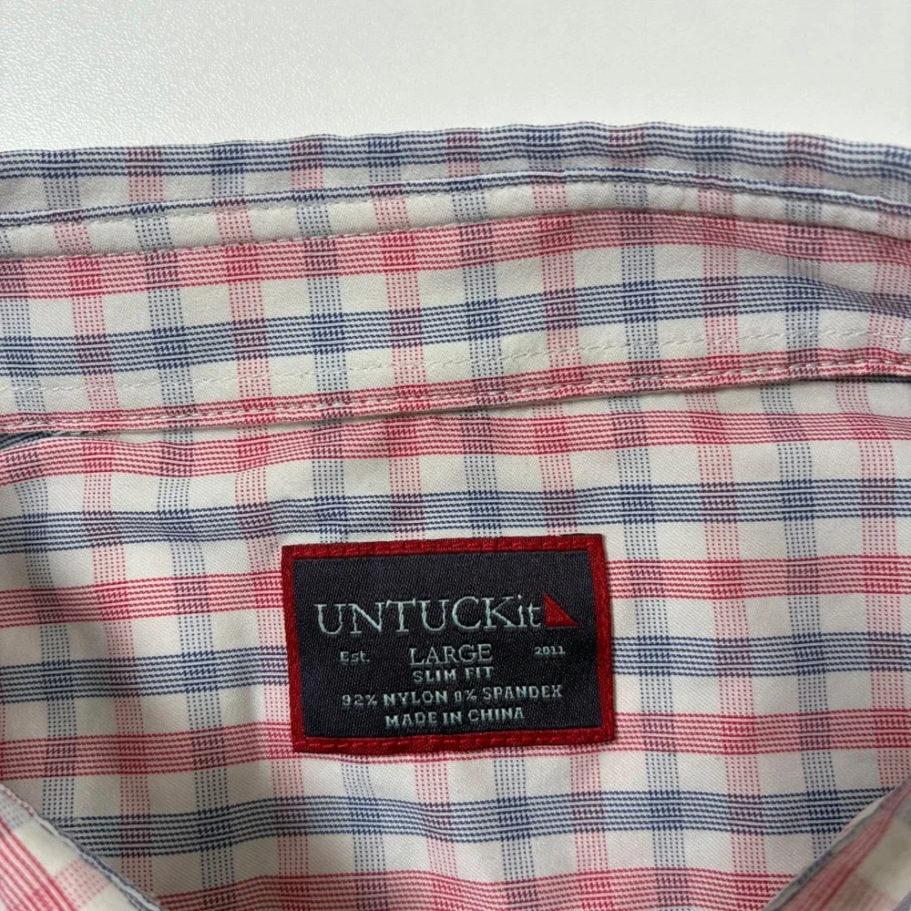 UNTUCKit Performance Shirt Shirt Large Red Blue Check Slim Fit Nylon Stretch